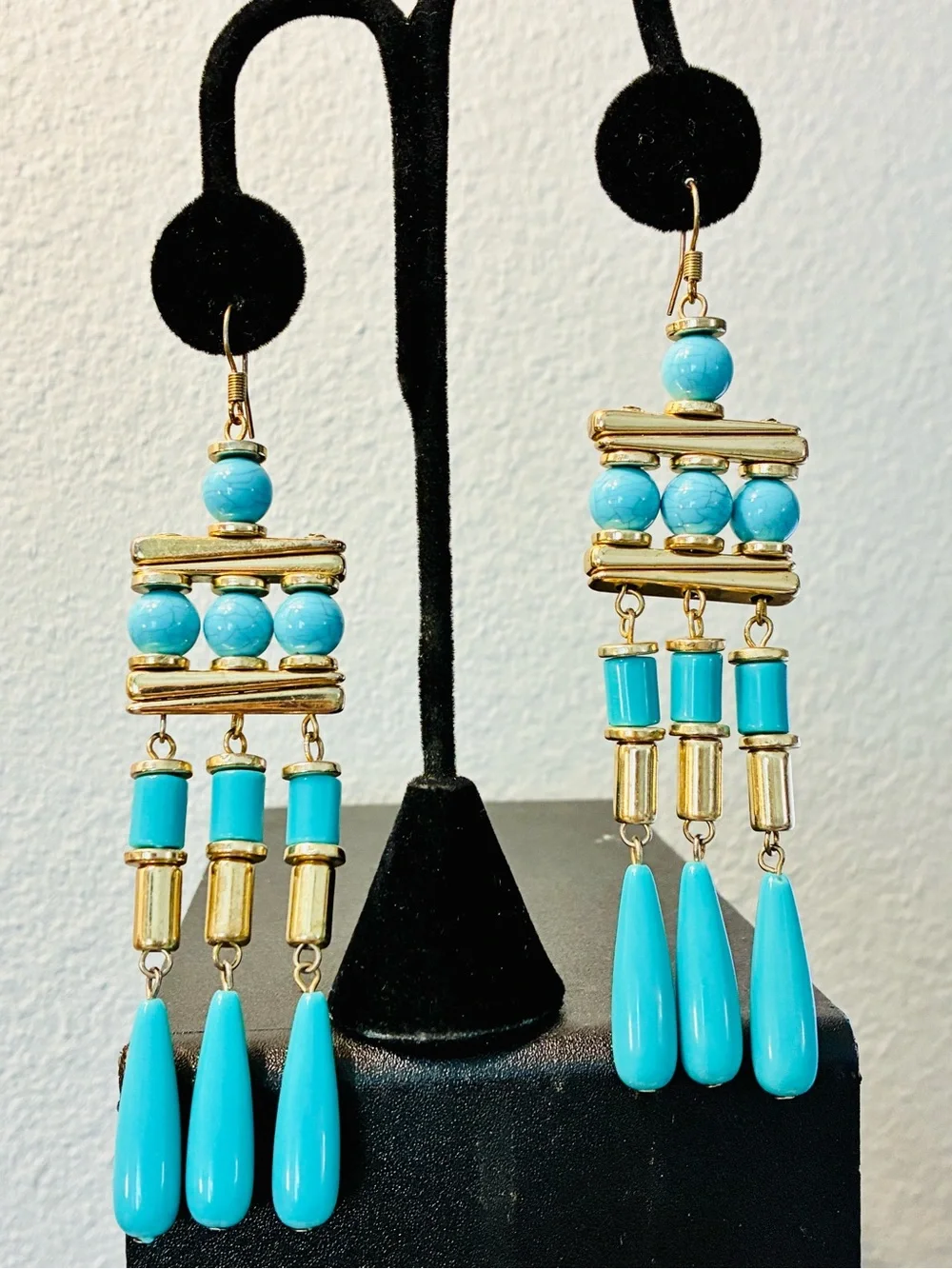 Boho Chic Multi-tier Turquoise & GLD Beaded Fringe Drop Chandelier Earrings LONG